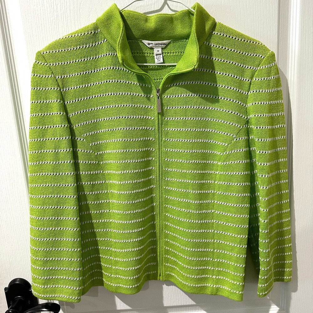 St. John Green Knit Stripe Cardigan Zip Jacket Sz M